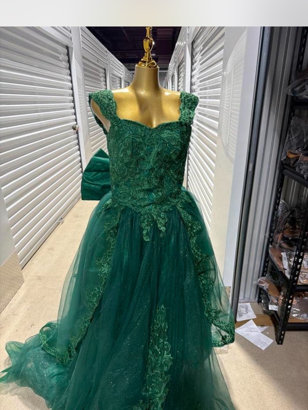 Emerald Green Lace & Tulle Prom Dress with Bow Back